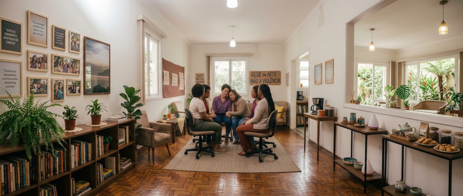 Sala de acolhimento ampla com roda de conversa